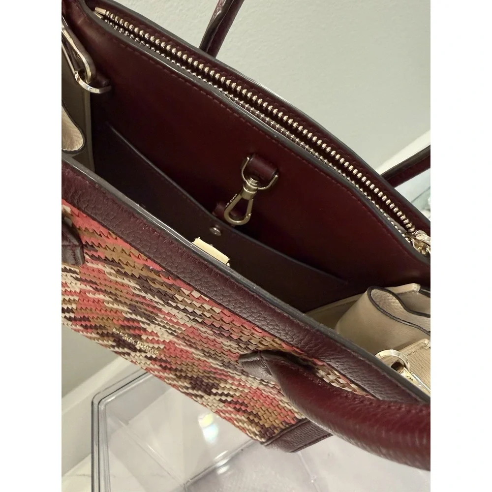 Kate Spade New York Woven Satchel Top Handle Bag Burgundy Cream Gold Hardware